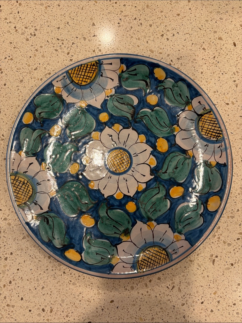 Hand-Painted Floral Ceramic Wall Plate in Blue and Green